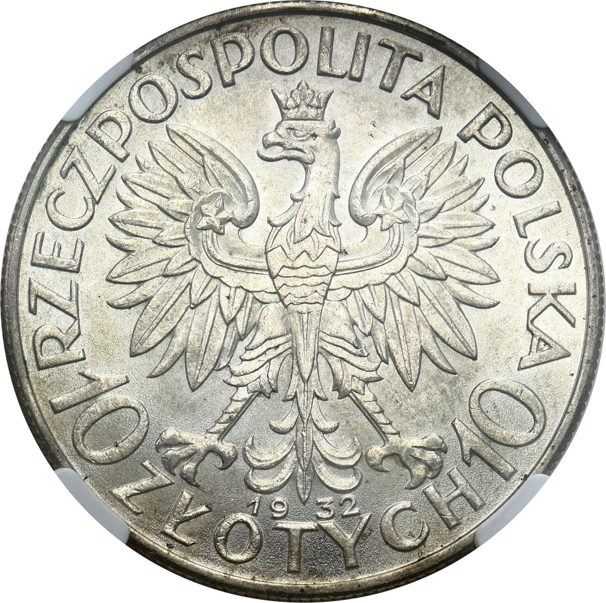 II RP. 10 złotych 1932 głowa kobiety (bez znaku), Londyn NGC MS62